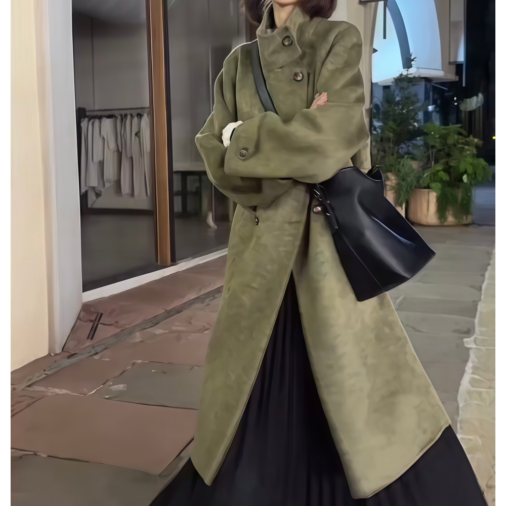 双排扣长款军绿色立领毛呢大衣女