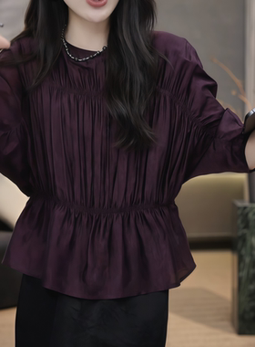 短款深紫色褶皱收腰衬衫上衣女