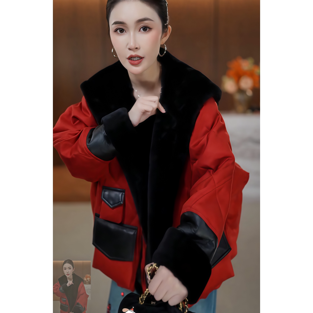 红色翻领撞色系带连帽羽绒外套女