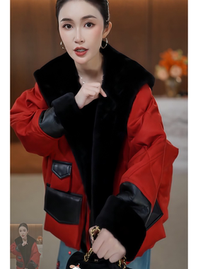 红色翻领撞色系带连帽羽绒外套女