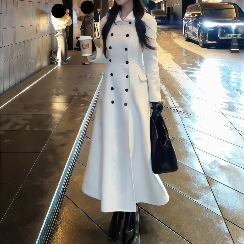长款白色双排扣大摆毛呢大衣女