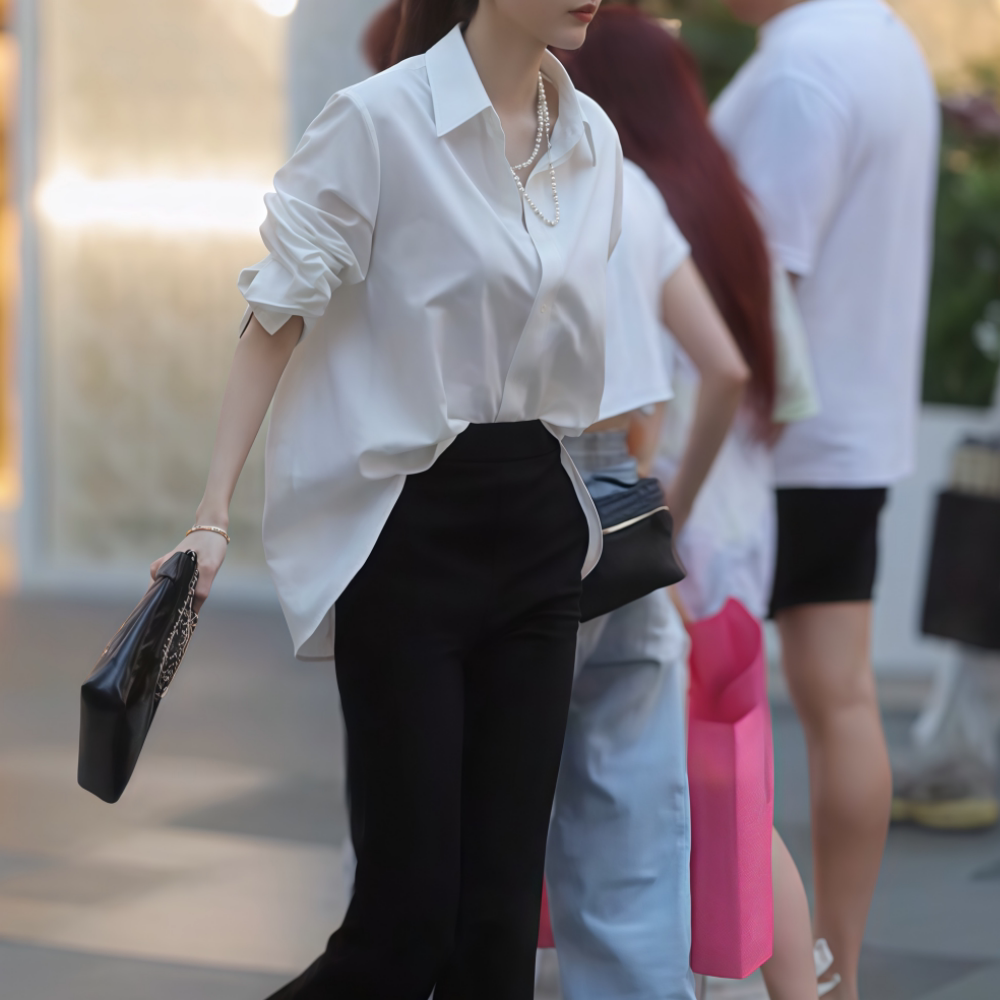 中长款直筒长袖开叉白衬衫外套女