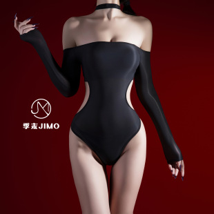 油亮一字肩挂脖丝袜连体衣紧身内衣缕空抹胸高叉连体衣女