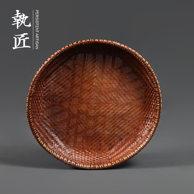 手工竹编大漆竹匾精编竹扁圆簸箕水果篮子茶道点心收纳圆筲箕晾晒