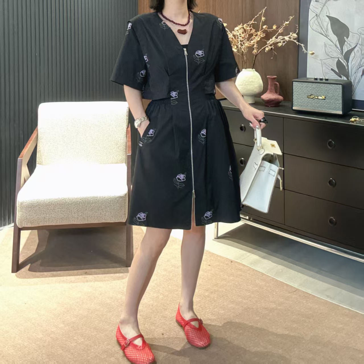 Dayuan 原创设计V领拉链刺绣假两件拼接收腰连衣裙505016