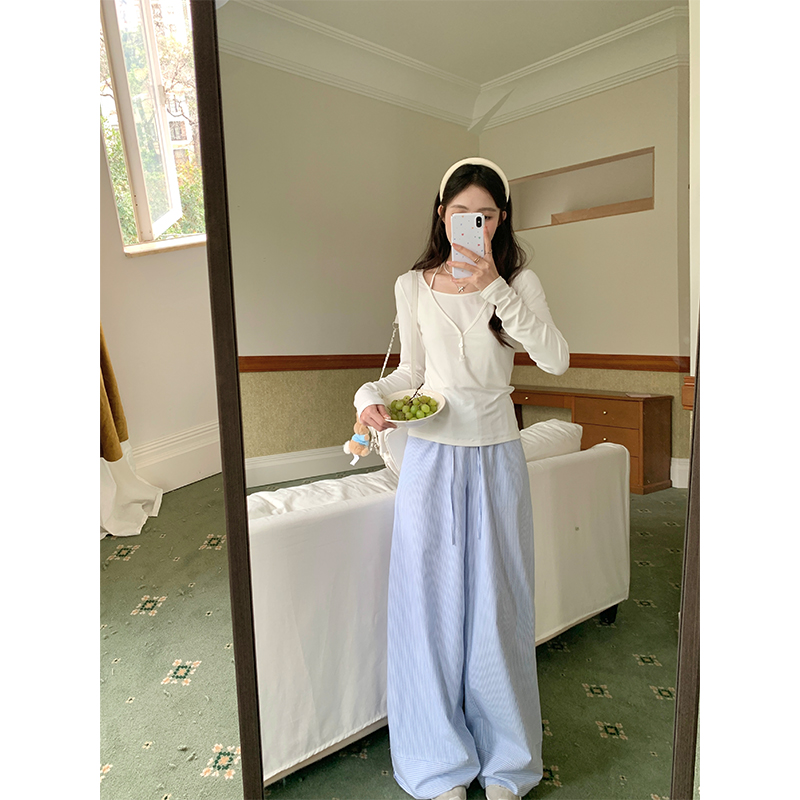 cozydays蓝色条纹阔腿裤&半裙女春夏薄慵懒风百搭高腰宽松休闲裤