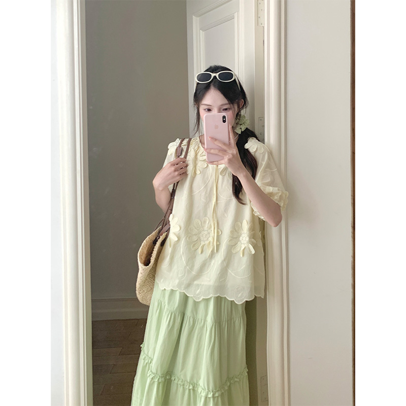 cozydays 立体花朵短袖衬衫女夏新款设计感小众宽松韩系绑带上衣