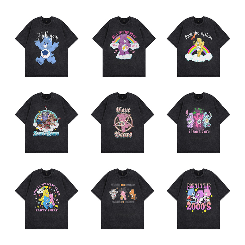 INS国潮小熊情侣款T恤美式高街宽松洗水短袖男女同款潮牌侃爷