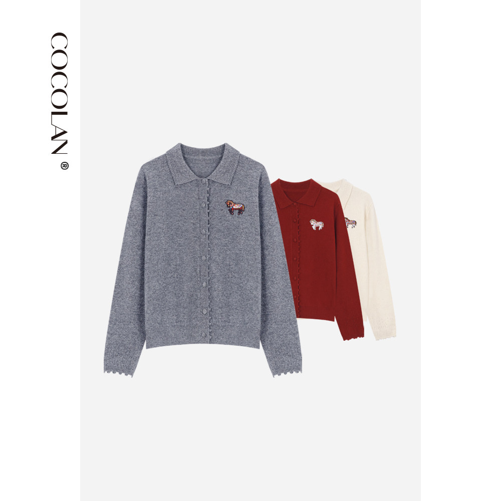 COCOLAN【竹马】100绵羊毛开衫翻领毛衣女CL8KS7099