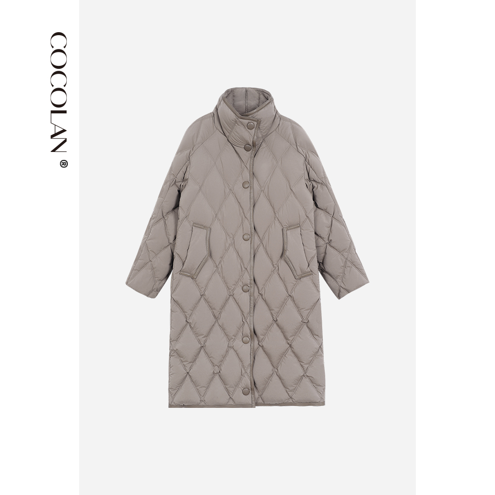 COCOLAN【布拉格】冬季加厚保暖90白鹅绒菱形格中长款羽绒外套女