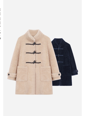 COCOLAN【牛角扣】100绵羊毛长款皮毛一体外套2025冬季保暖毛毛衣