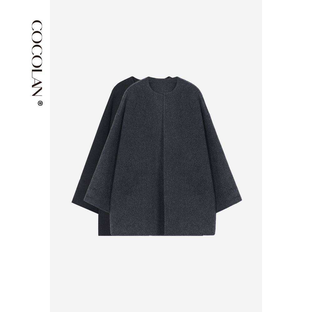 CIOCOLAN【马德里】100绵羊毛双面呢圆领中长款呢大衣女 CL8DY719