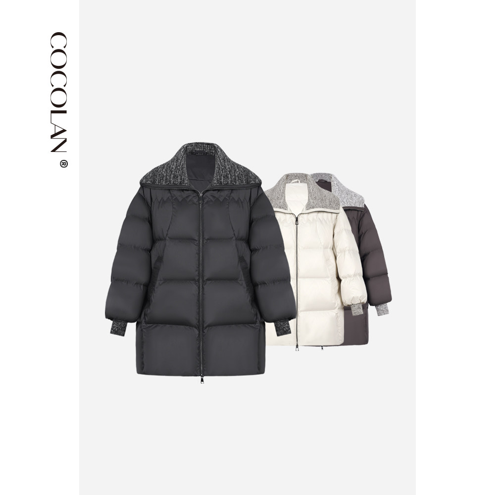 COCOLAN【雪梢】90白鹅绒针织拼接拉链中长款鹅绒服女冬季外套CL8