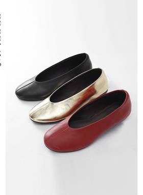 COCOLAN红色真皮软面羊皮圆头平底鞋豆豆鞋女CL1XZ3106