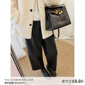 MUCCHIC 00新品 秋冬百搭蛋白皮松紧腰九分皮裤