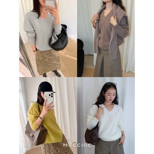 【10/8 20:00】MUCCHIC/无缝一体真丝山羊绒V领拉绒毛衣针织衫