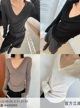 【12/9 20:00】MUCCHIC/V领毛边羊毛长袖T恤百搭打底衫