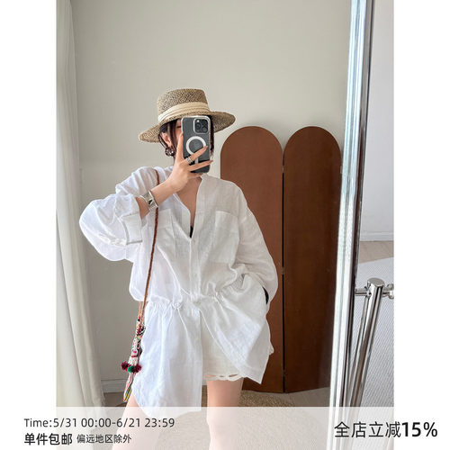 【5/16 20:00】MUCCHIC/老钱风亚麻复古抽绳收腰衬衫