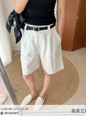 MUCCHIC/老钱风亚麻五分裤高腰百搭休闲中裤白色裤子（配腰带）