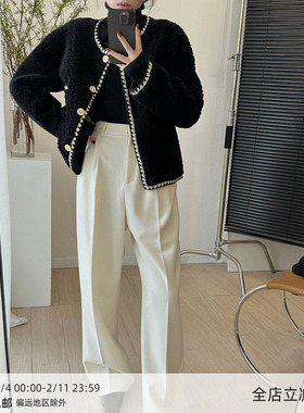 MUCCHIC/白色加厚毛呢阔腿裤秋冬宽松显瘦高腰拖地休闲长裤直筒裤