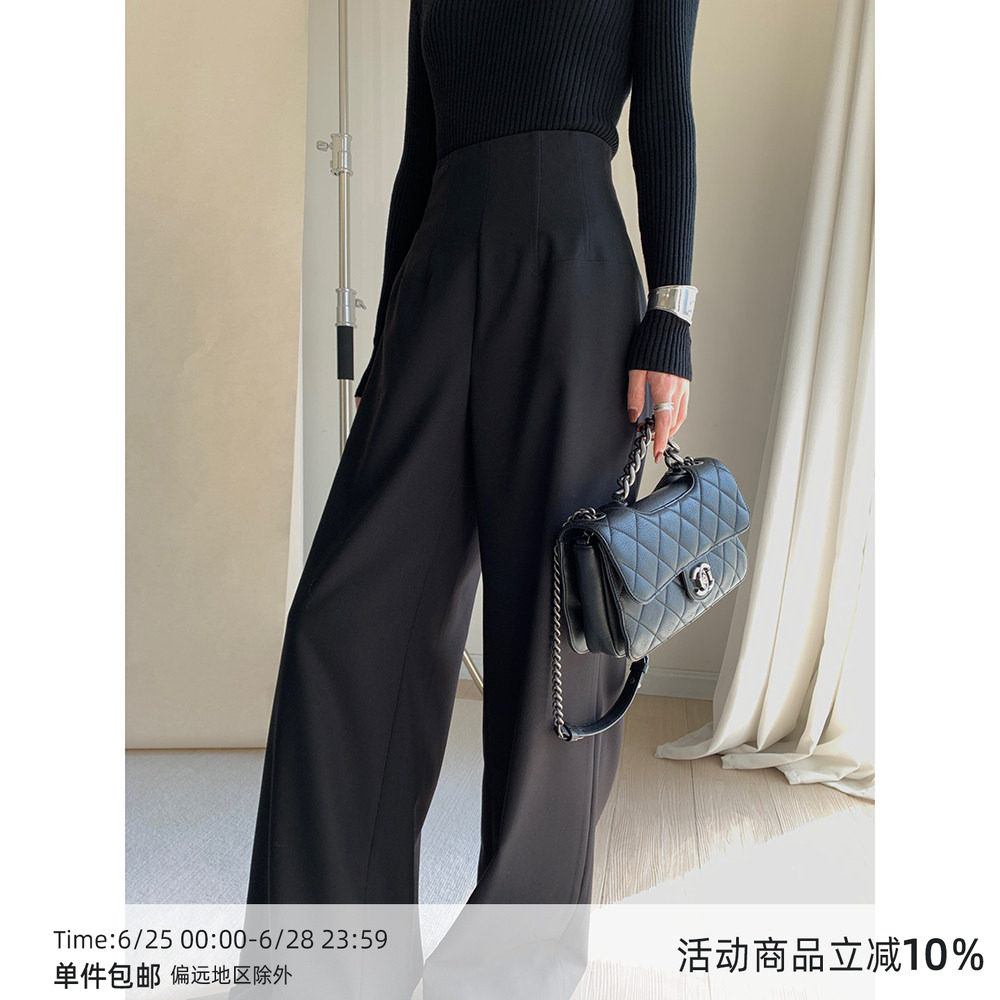 MUCCHIC/收腰遮胯/时髦Th*Row高腰显瘦鱼骨腰封阔腿长裤拖地裤