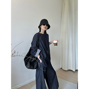 MUCCHIC/row风廓形圆领套头牛仔衬衫+高腰阔腿裤两件套