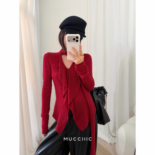 【1/5 20:00】MUCCHIC/氛围感羊毛围巾式飘带V领针织衫