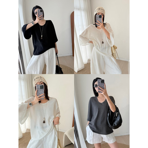 MUCCHIC/ROW风罩衫女夏高级感 U-neck大U领宽松五分袖针织T恤
