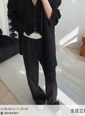 MUCCHIC/显腿直神裤/ROW风拼色白腰头直筒休闲西裤宽松百搭阔腿裤