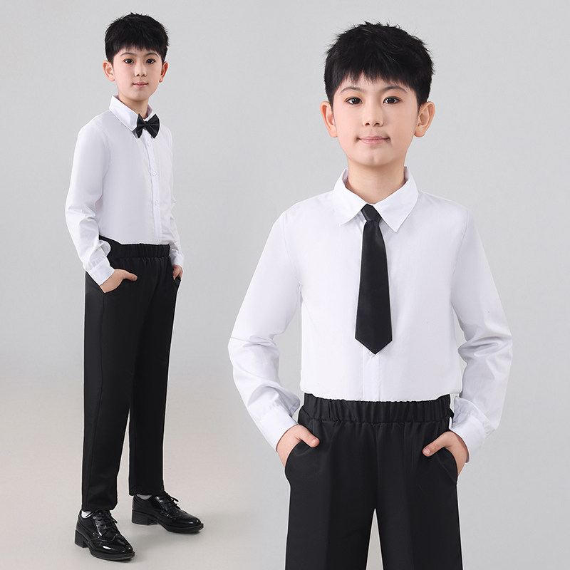 儿童白衬衫男童女童长袖纯棉白色H衬衣春秋小学生校服演出服