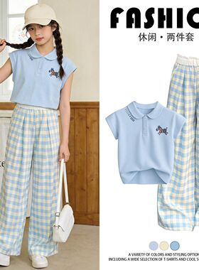 纯棉t恤女2026新款女童夏季套装短袖T恤女孩休闲阔腿裤两件套套装