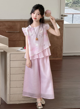 女童夏季国风刺绣套装2026新款改良汉服飞袖上衣阔腿裤两件套夏装