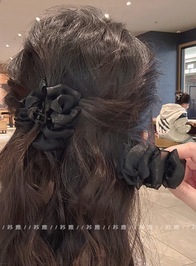 黑色网纱丸子头云朵抓夹少发量小号发夹鲨鱼夹半扎发发卡头饰夹子