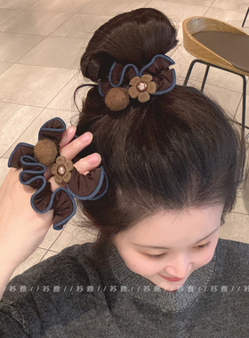 毛毡球花朵木耳边发圈牛仔蓝高级感不伤发低丸子头发绳头绳皮筋女