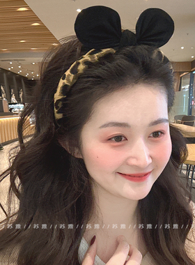 可爱立体兔耳朵蝴蝶结豹纹发箍女2025新款发卡高颅顶洗脸头箍女款