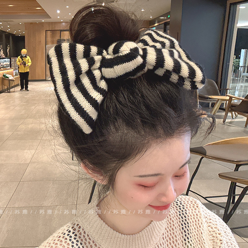 时尚针织黑白条纹蝴蝶结扎头发圈