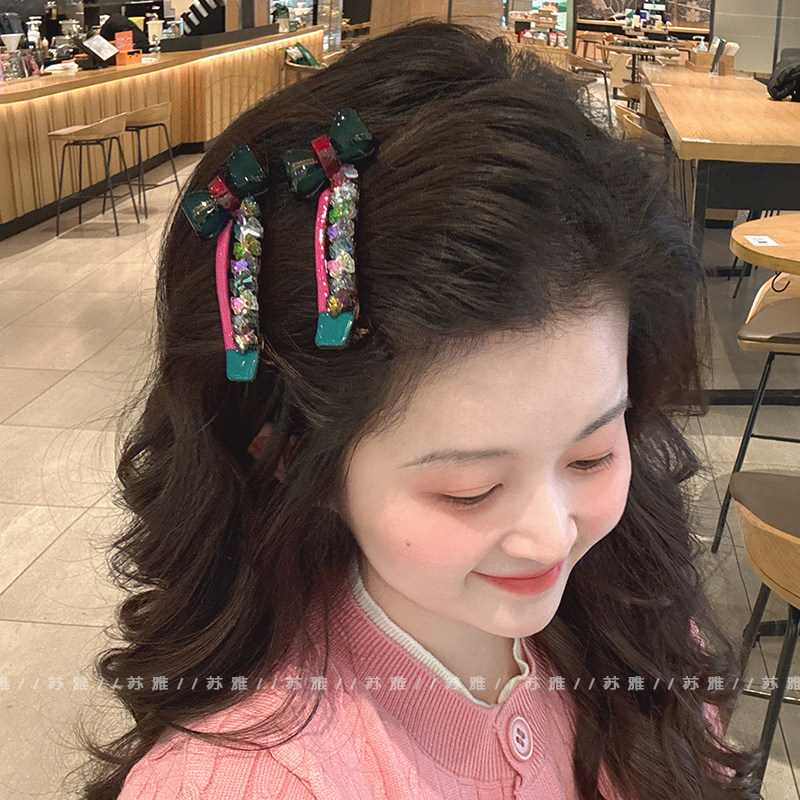 蝴蝶结撞色刘海碎发夹蝴蝶结彩钻