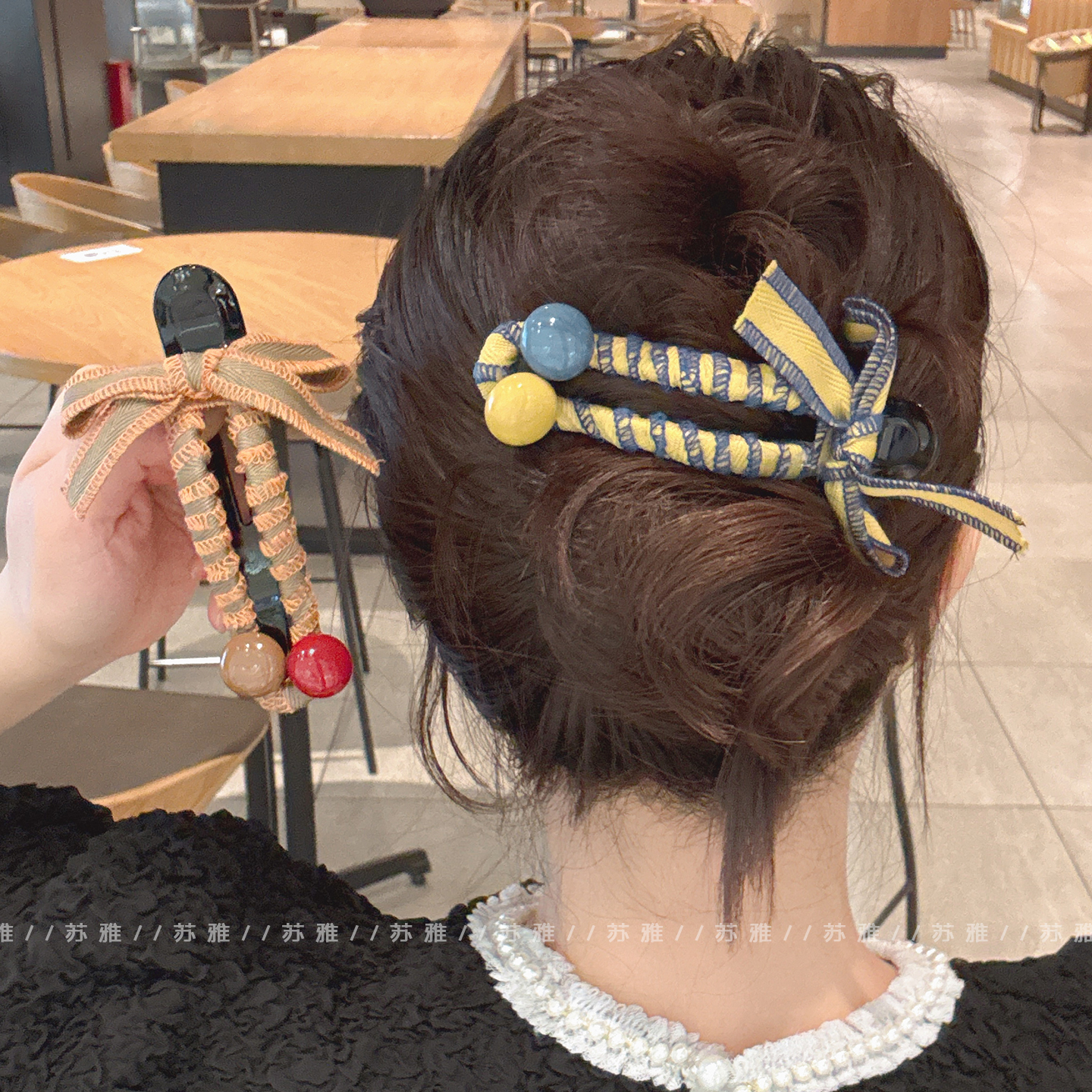 撞色球球蝴蝶结鸭嘴夹发夹女后脑勺横夹抓夹大号新款盘发神器头饰