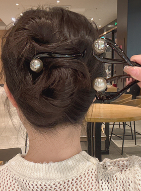 高级感气质珍珠后脑勺盘发扭扭夹一字夹发夹女气质百搭发卡横夹