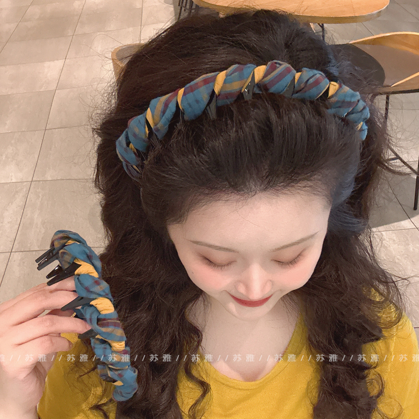 复古气质格纹缠绕带齿高颅顶发箍