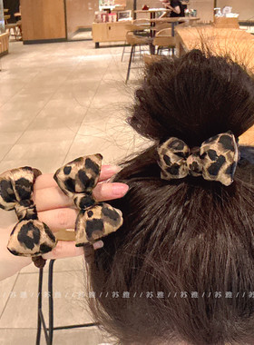 复古豹纹蝴蝶结褶皱小肠发圈女扎头发橡皮筋头绳发饰高弹力发绳