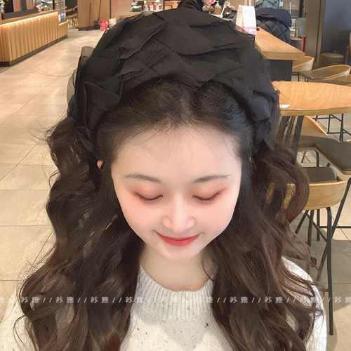 高级感经典黑色网纱褶皱宽边发箍