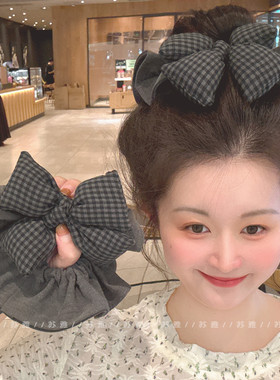 灰色格纹海绵立体蝴蝶结发圈女扎头发绳头绳2025新款大肠圈发饰