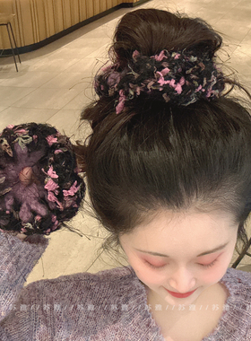 秋冬氛围感紫色毛绒大肠发圈女简约丸子头发绳扎马尾头绳皮筋发饰