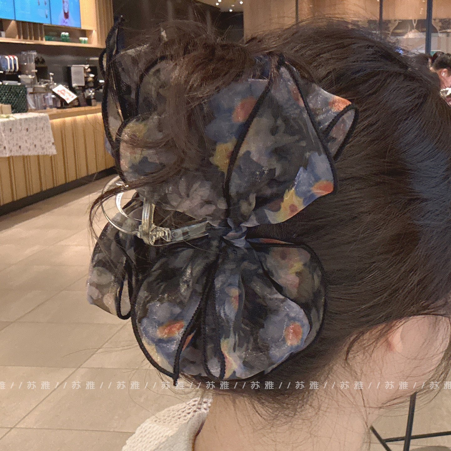 复古优雅碎花蝴蝶结盘发鲨鱼夹子