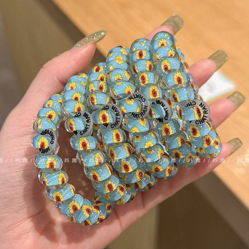 向日葵花朵清新蓝无痕电话线发绳不缠发高弹力头绳橡皮筋发圈发饰