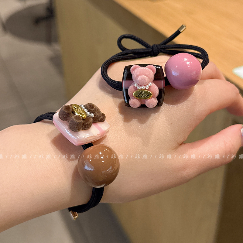 条纹方块金标小熊串珠打结发绳