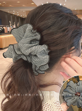 高级感低马尾头绳复古格纹荷叶边大肠圈百搭发绳女木耳边裙摆发圈