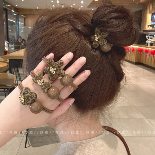 复古金标豹纹花朵爱心蝴蝶结发绳