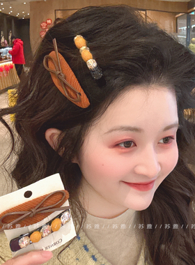 皮质蝴蝶结碎发刘海对夹毛球方钻发夹刘海夹子头饰侧边夹前额发卡